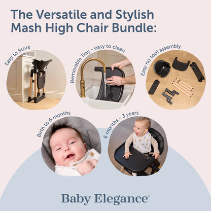 Mash High Chair Bundle by Baby Elegance | Includes Newborn Seat (0-6 Months), Toddler Seat (6+ Months) & Black Cushion | Adjustable Black High Chair for Babies & Toddlers