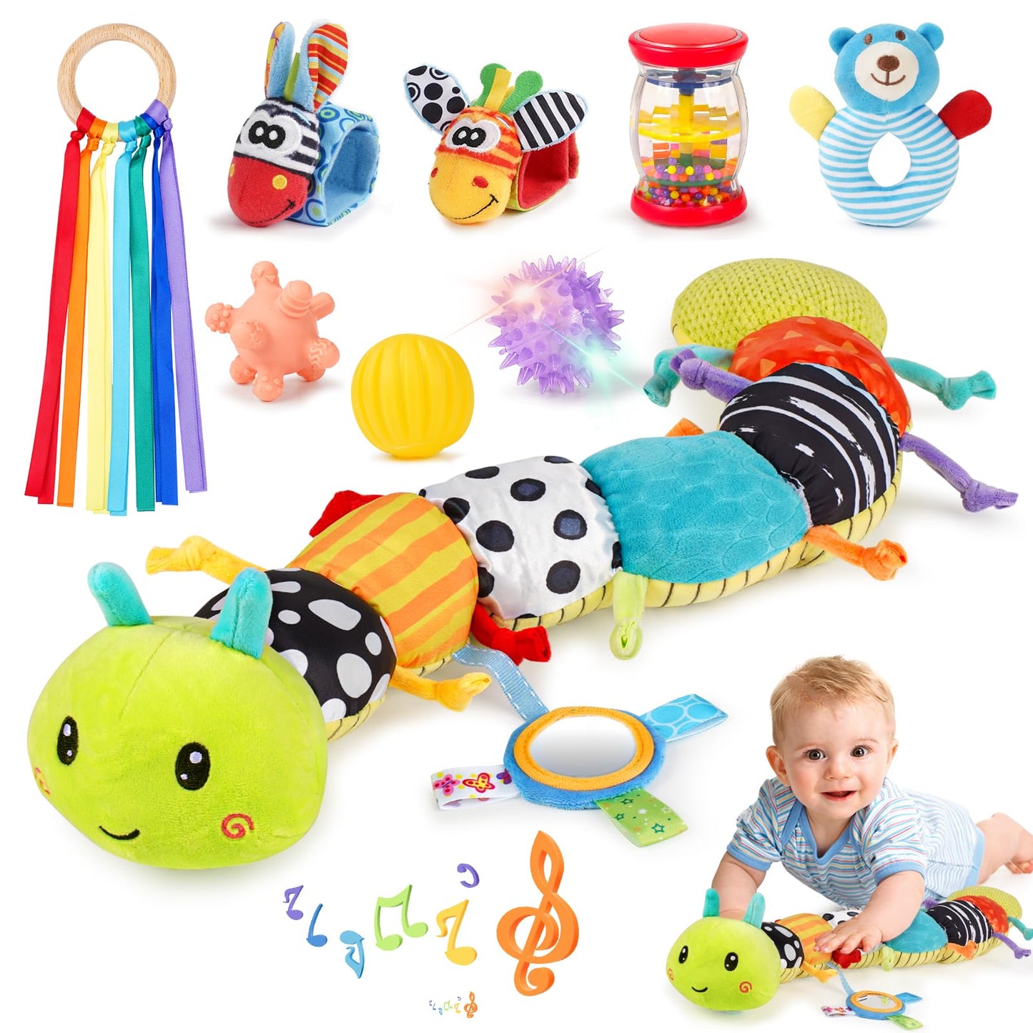 Joyreal baby sensory toys set with 10 pieces, including musical caterpillar, rattles, and colorful ribbons for newborns.