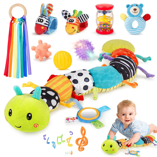 Joyreal baby sensory toys set with 10 pieces, including musical caterpillar, rattles, and colorful ribbons for newborns.
