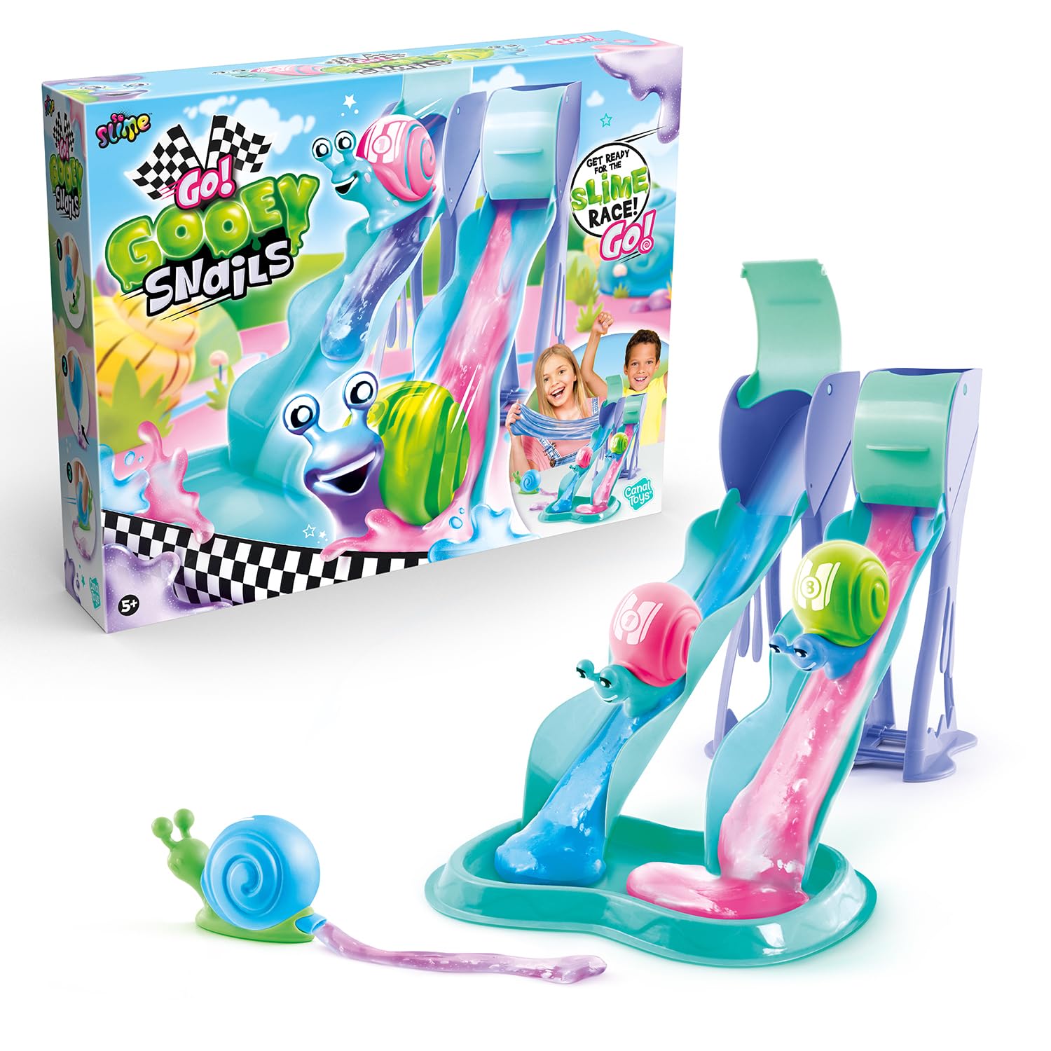 Colorful Go Gooey Snails slime race set with squishy snails and racing tracks for children aged 5+ by Canal Toys.
