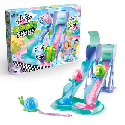 Colorful Go Gooey Snails slime race set with squishy snails and racing tracks for children aged 5+ by Canal Toys.