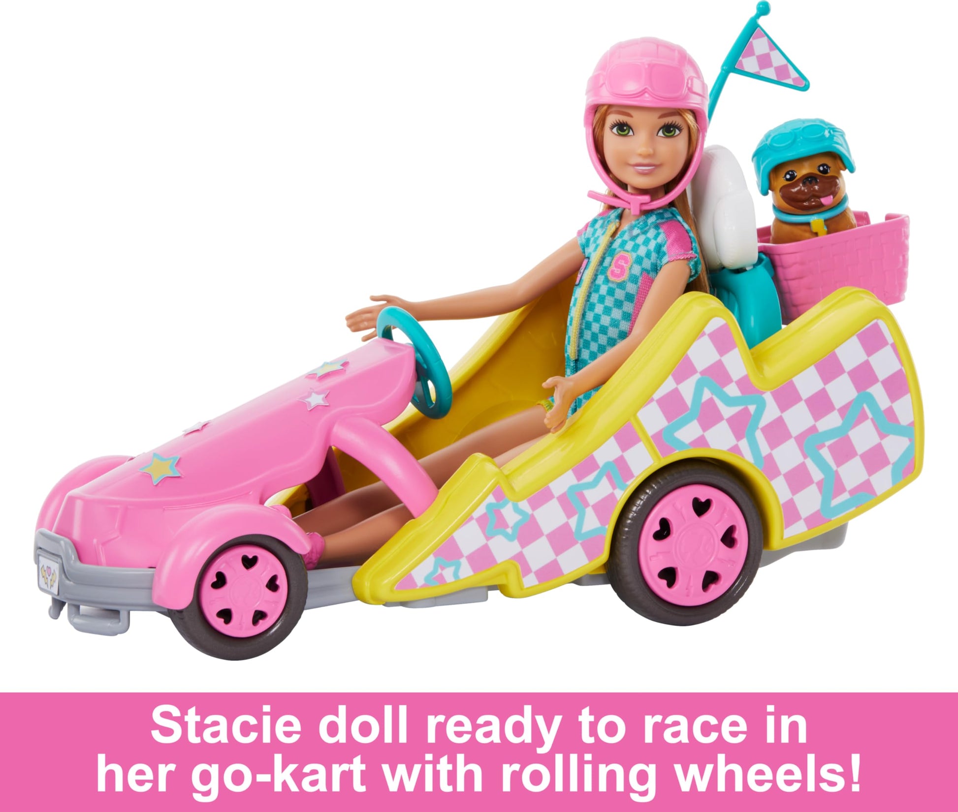 Barbie Stacie doll with go-kart, dog, accessories, and sticker sheet from the 9-piece toy set, HRM08, with rolling wheels.
