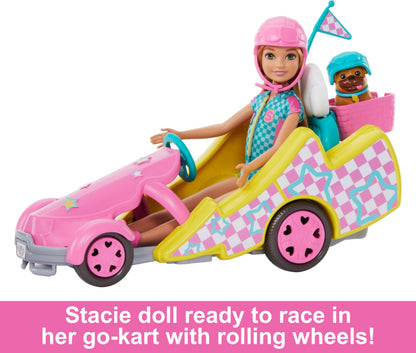 Barbie Stacie doll with go-kart, dog, accessories, and sticker sheet from the 9-piece toy set, HRM08, with rolling wheels.