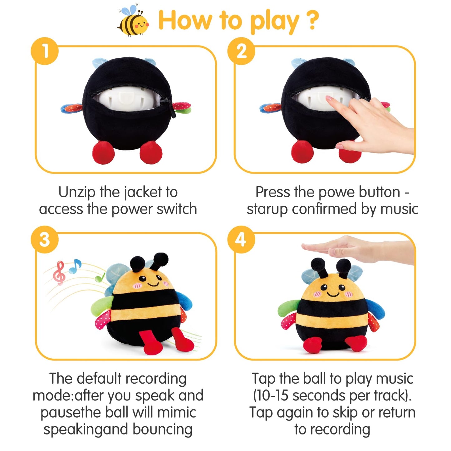 hahaland 4-IN-1 Dancing Bee Baby Toys 6 to 12 Months Boys & Girls Montessori Plush Interactive Sensory Tummy Time Toys, Musical Crawling Walking and Speaking Learning Gifts
