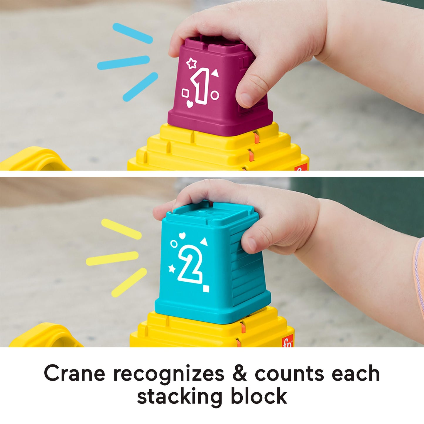 Fisher-Price Baby & Toddler Count & Stack Crane with colorful blocks, lights, music, and sounds for ages 9+ months.