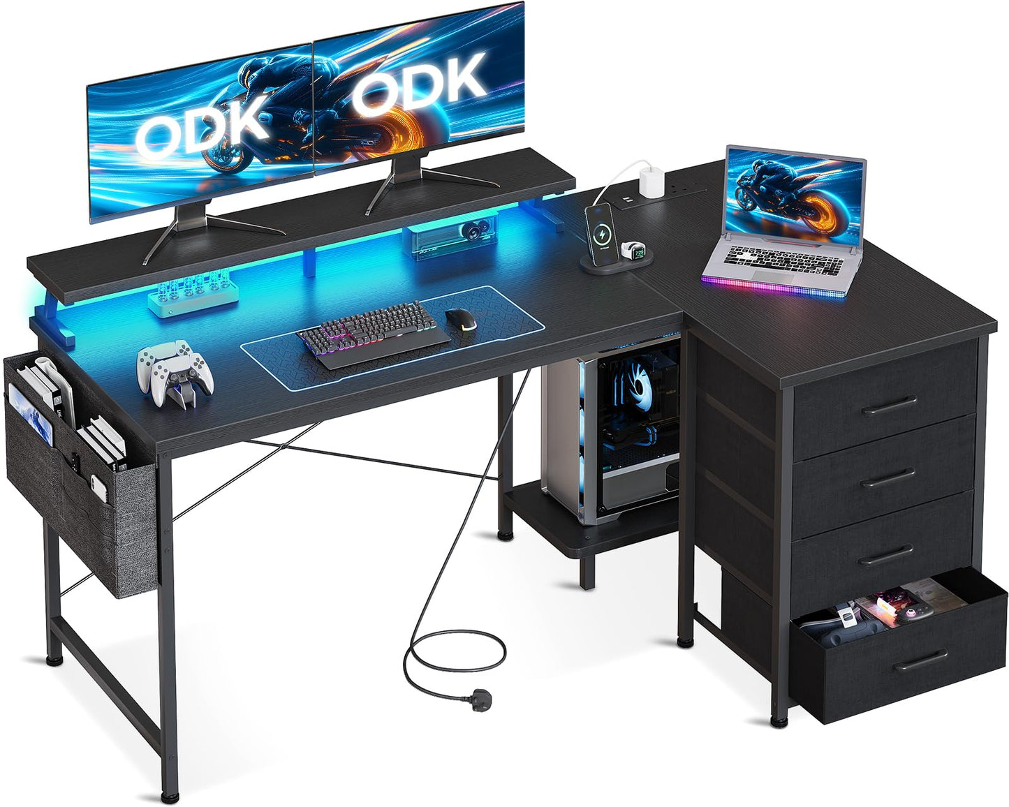 ODK L Shaped Gaming Desk with LED Lights & Power Outlets, 140x80cm Corner Computer Desk with Drawers, Reversible Gaming Table with Monitor Shelf & PC Stand, Black