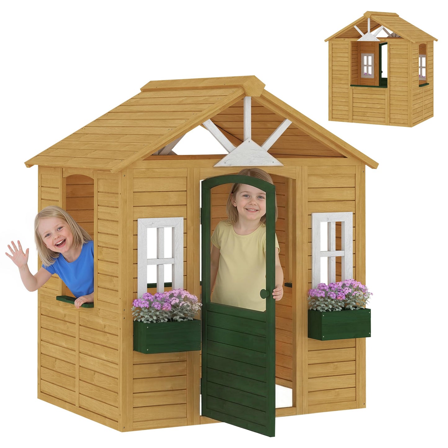 AIYAPLAY wooden playhouse for kids featuring a working door, three windows, and flower boxes, suitable for outdoor and indoor play.
