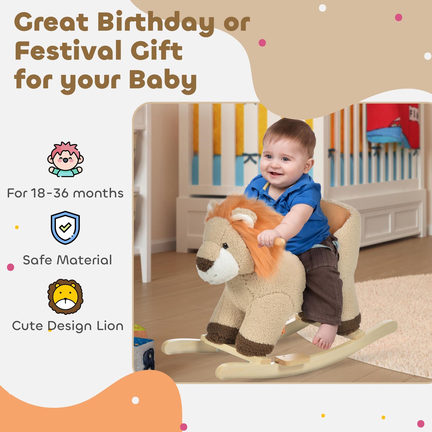 HOMCOM Baby Rocking Horse, Plush Ride on Lion Seat for Toddlers 18-36 Months with Sound, Safety Belt, Wood Base, Animal Rocker for Children, Brown