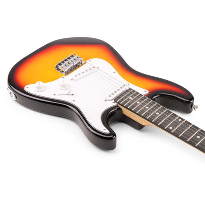 Max GigKit Junior electric guitar starter pack in sunburst, with 20W amplifier, case, tuner, picks, strap, and spare strings for kids.