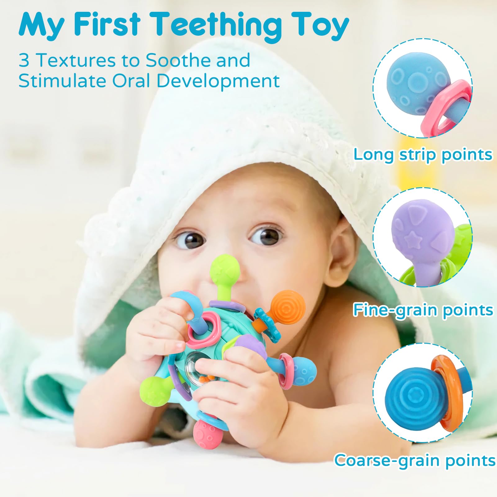 Blue Kaybolge baby rattle and teether toy for 0-12 months, sensory Montessori toy with grab, spin, and shaker features for infants.