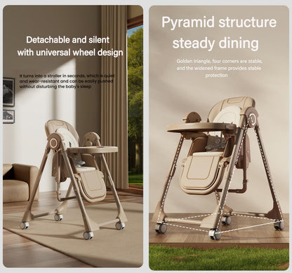 Magic ZC PU Leather Baby High Chair Toddler Feeding Dining Chair with Adjustable Heights and Positions Multifunctional Foldable Convertible with Detachable Double Trays and Wheels (X8121 Khaki)
