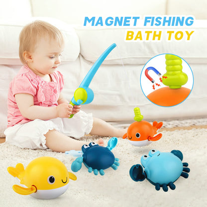twoonto Baby Bath Toys, Wind Up Magnetic Fishing Games Toy with Fishing Net Floating Pool Bathtub Toys, Montessori Toys for Toddlers, Boys, Girls, 1 2 3 4 5 Years Old, 4 Pcs (Style C)