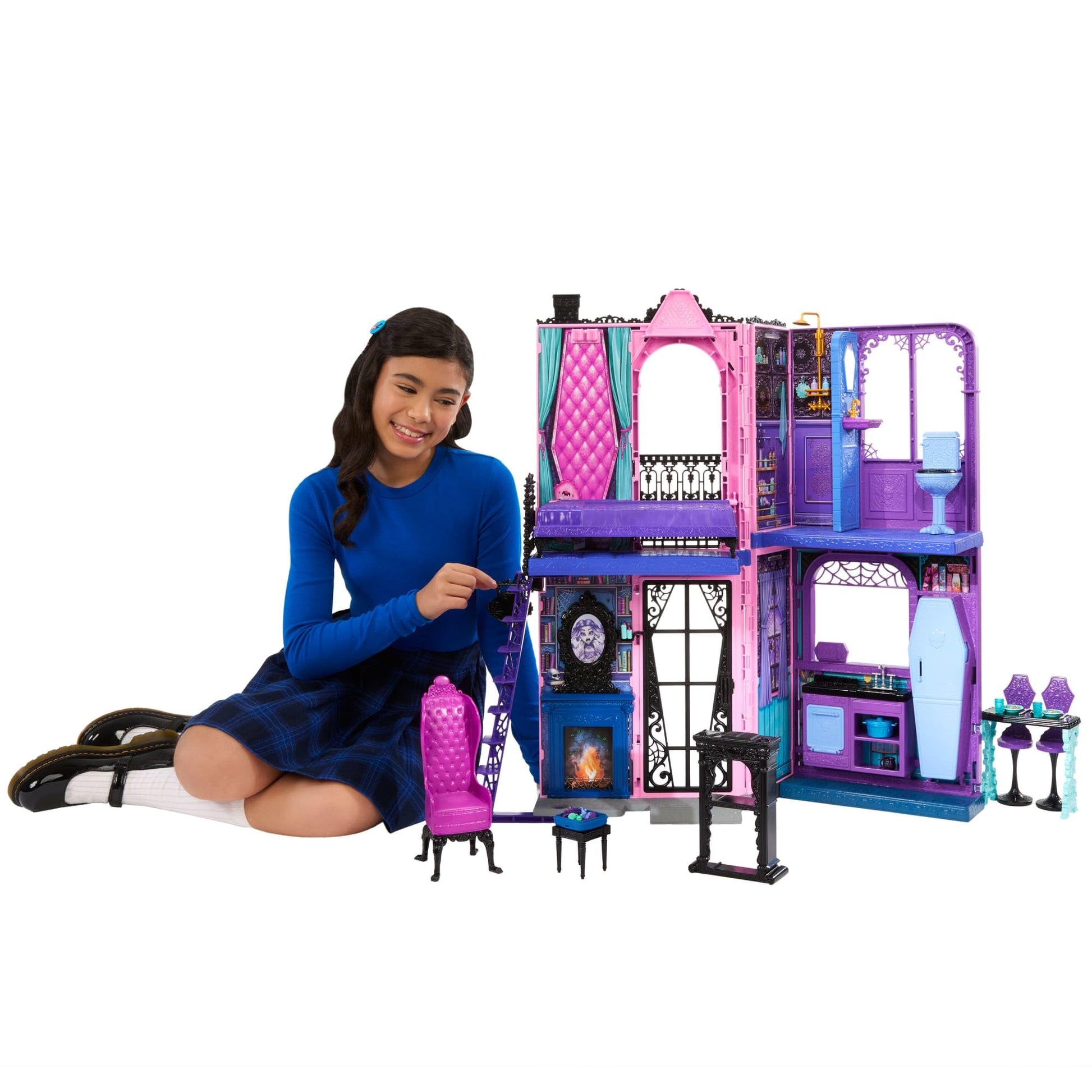 Monster High Boo-tique Hotel Doll House playset with foldable design, spooky rooms, furniture, and accessories.