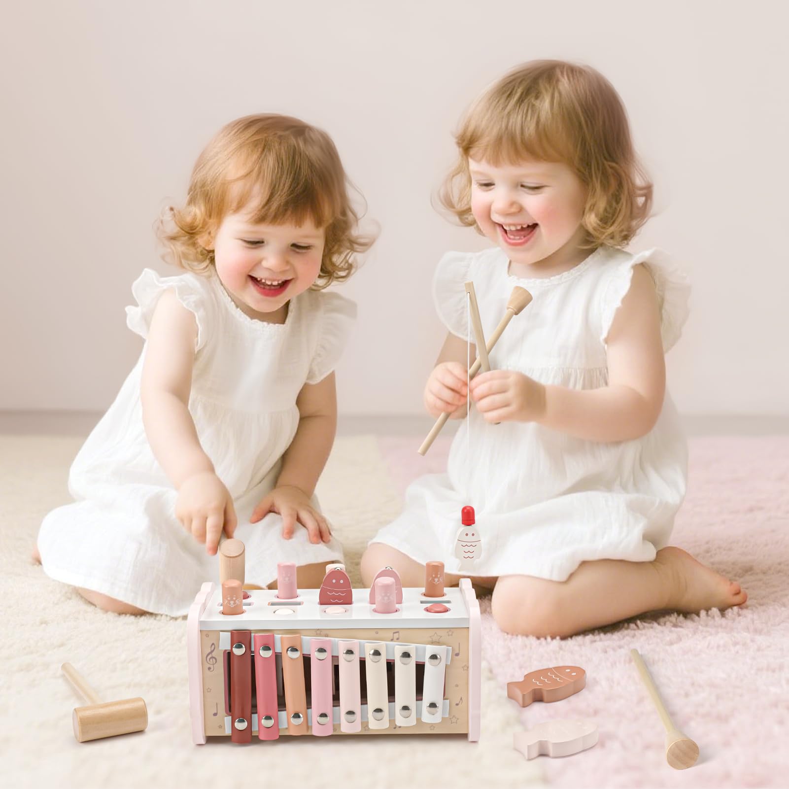 Joyreal wooden Montessori toy set for 1-year-olds featuring a hammering toy, xylophone, and magnetic fishing game for early learning.