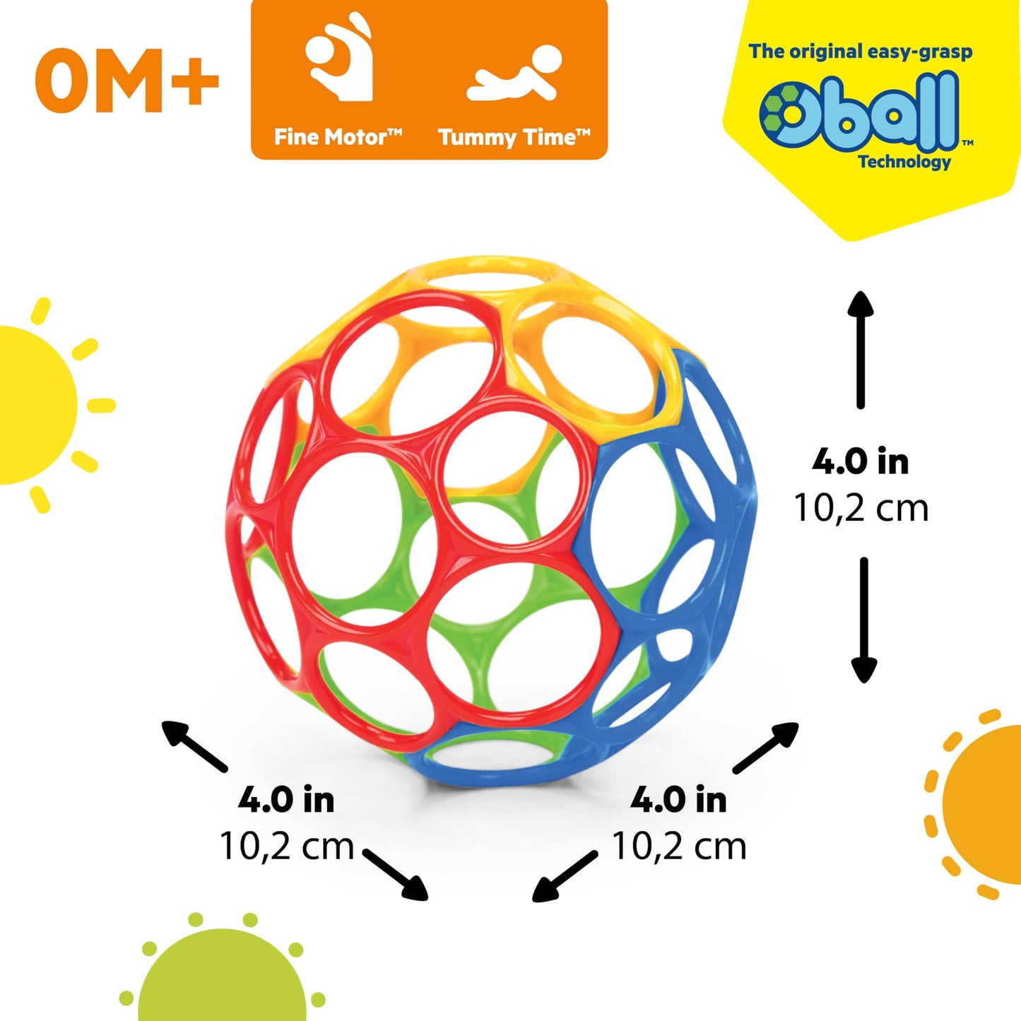 Bright Starts Oball Easy Grasp Classic Ball in red, yellow, green, and blue, 4 inches, perfect for infants and newborns.