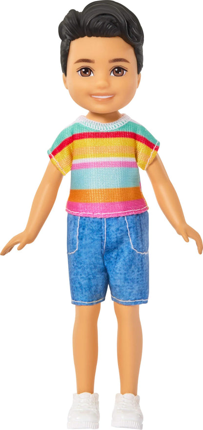 Barbie Club Chelsea Koji 6-inch boy doll with brunette hair wearing striped shirt, shorts, and shoes, front view.