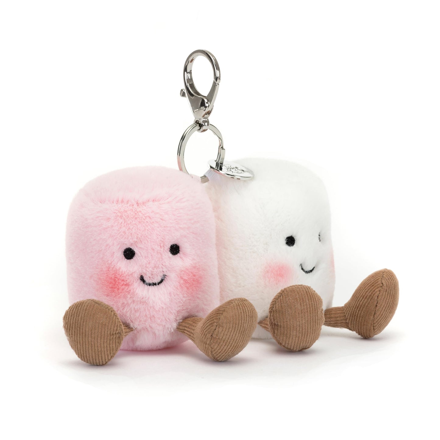 Jellycat Amuseable Marshmallow Bag Charm Keyring featuring two soft, plush marshmallow characters with smiling faces and pastel colors.
