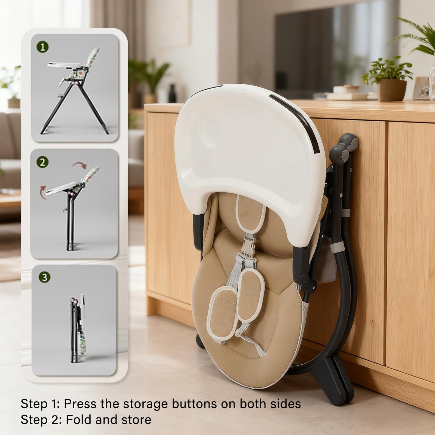 Highchair, Foldable Baby High Chair, Baby Feeding Chair with Adjustable Dinner Table & Storage Bag, Function Combination for Babies Toddlers