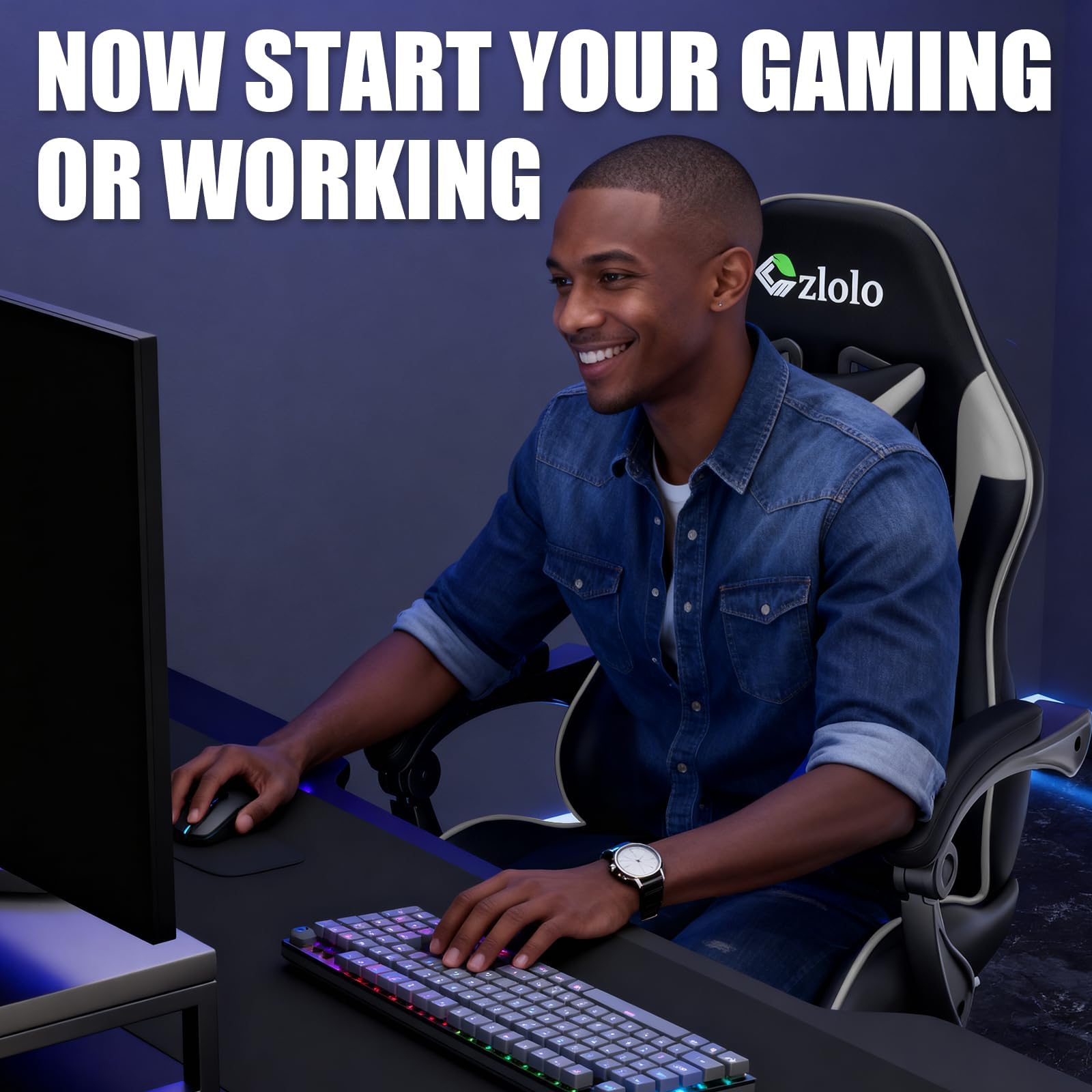 Grey Czlolo gaming chair with massage feature, footrest, lumbar support, headrest, linkage armrests, and adjustable recline.