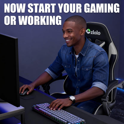 Grey Czlolo gaming chair with massage feature, footrest, lumbar support, headrest, linkage armrests, and adjustable recline.