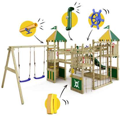 WICKEY Wooden climbing frame Smart Queen with swing set, green-yellow tarp & green slide, Outdoor kids playhouse with sandpit, climbing ladder & play-accessories for the garden