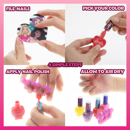 Barbie 18 Piece Set Kids Water Based Nail Polish Makeup Set, Includes 15 Nail Polishes with 2 Toe Spacer and 1 Nail File for Girls Ages 3+ by Townley Girl