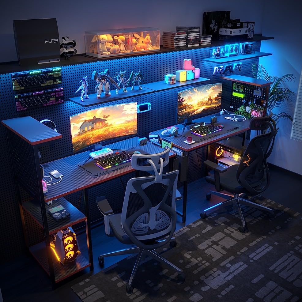 Xyphren Gaming Desk 100 x 50 cm with Pegboard & Power Outlet & LED Light, Small Computer Desk with Reversible Shelves for Corner Home Office Desk, Black