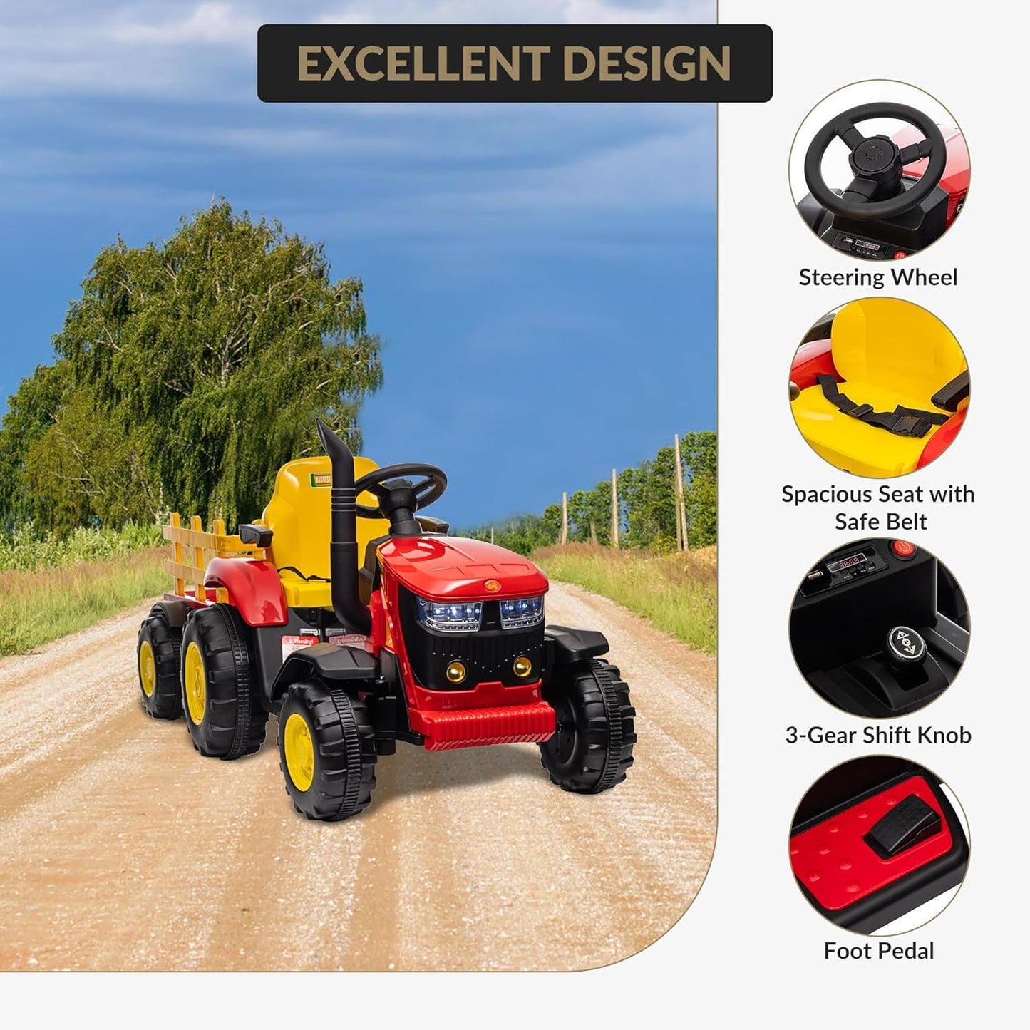 Kids Ride on Tractor with Detachable Trailer, 12V Battery Powered Electric Tractor with Remote Control, Dual Motors, Horn, Music/USB, 7 LED Lights, Ride on Toy Car for Ages 3+ (Red)
