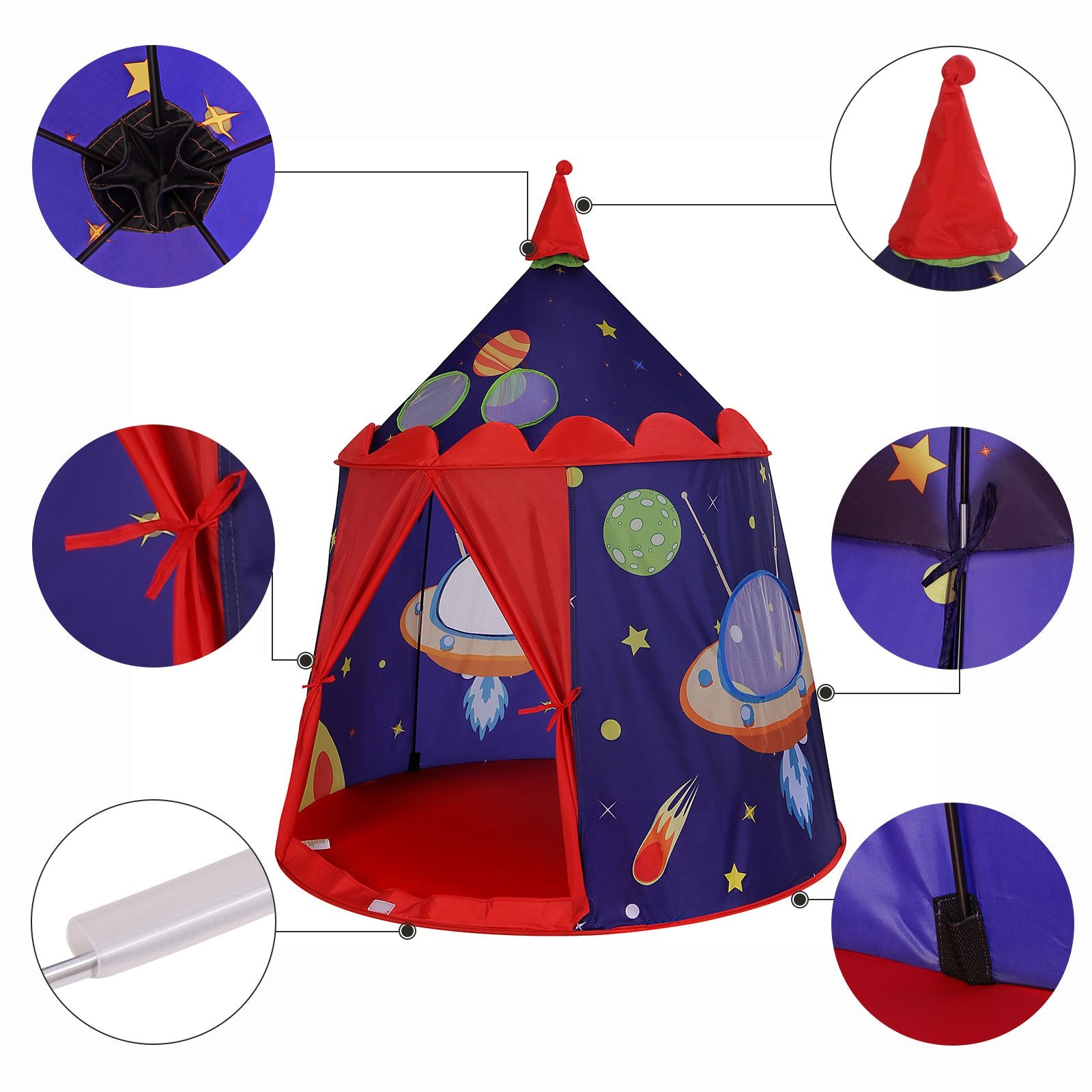 Blue SONGMICS Prince Castle play tent for boys, portable pop-up indoor outdoor playhouse with carry bag and EN71 certification.