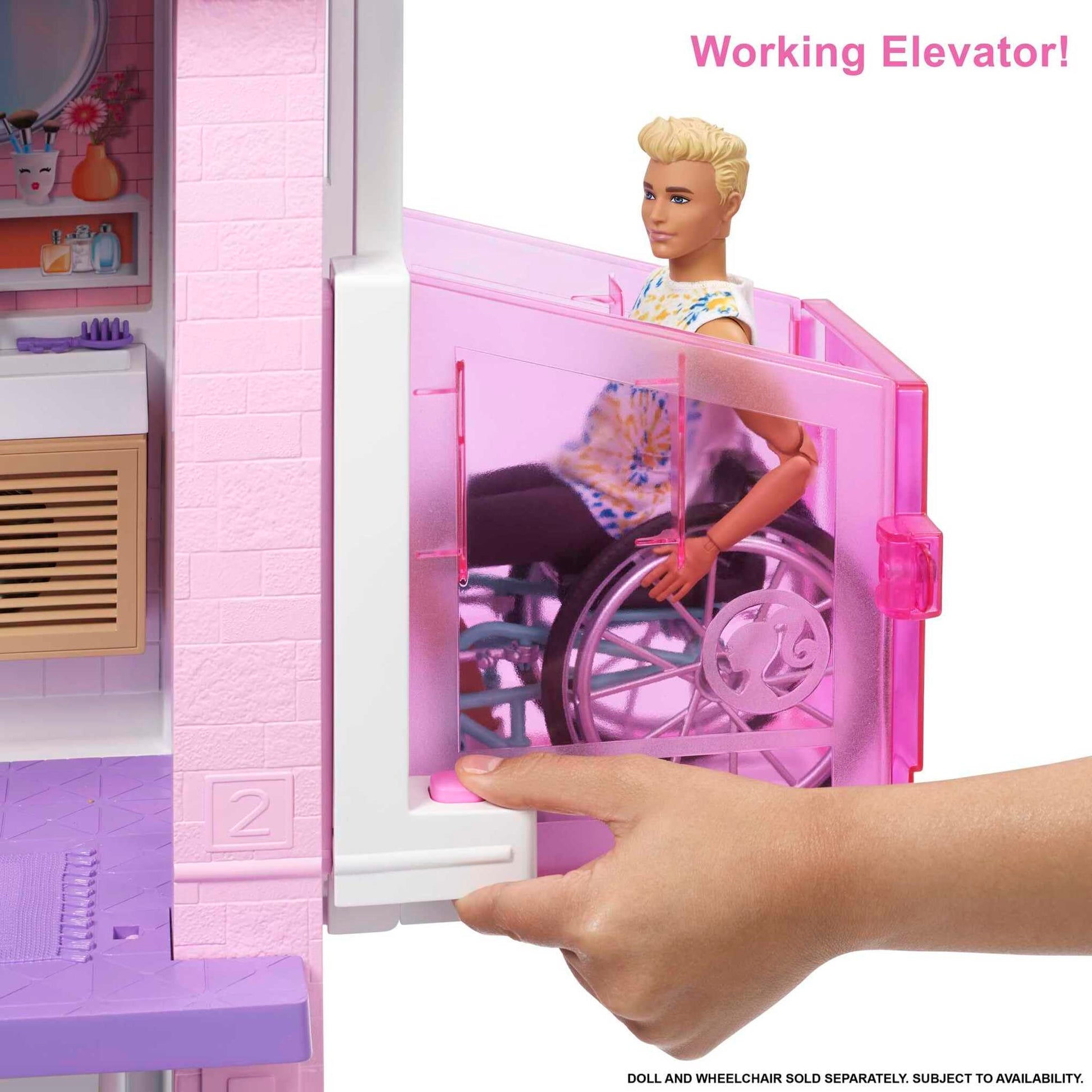 Barbie DreamHouse dollhouse with 75+ accessories, wheelchair elevator, three light settings, music, and ten play areas.