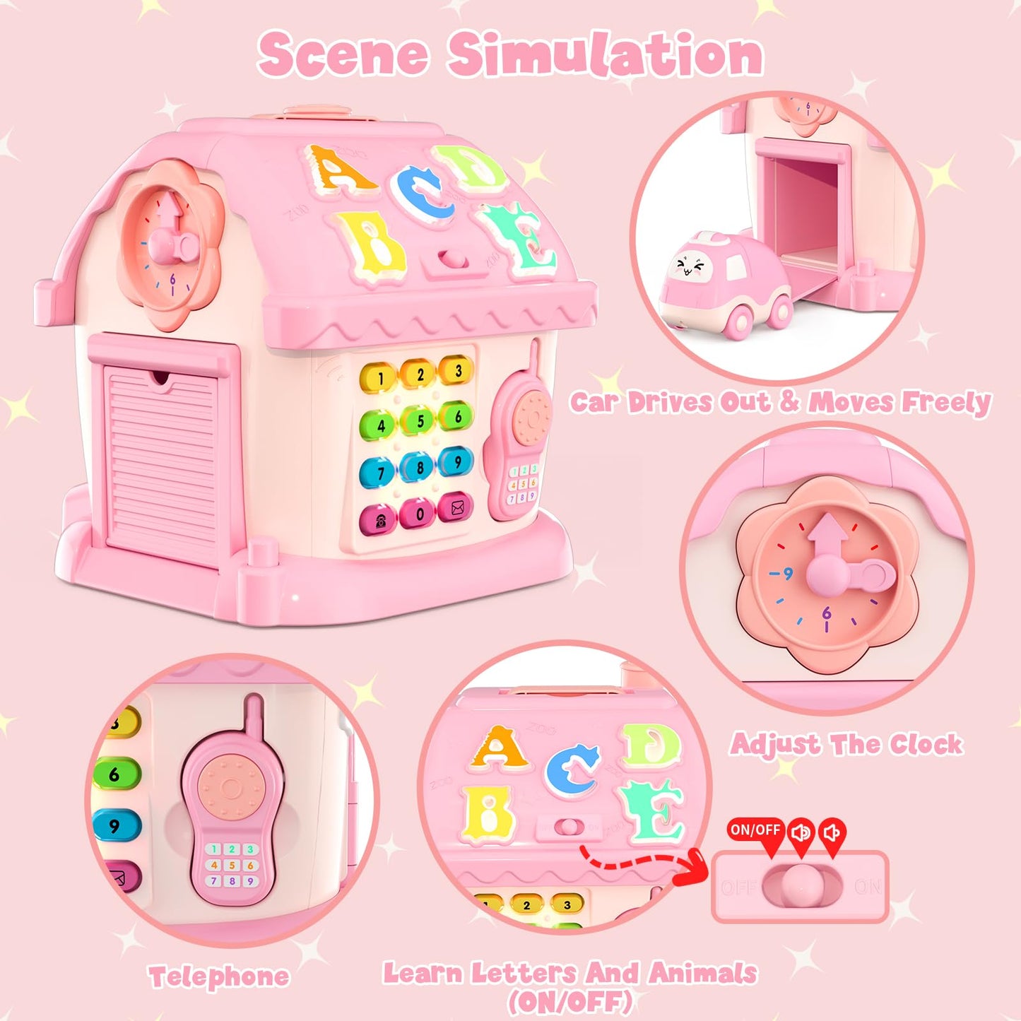 HYES Toys for 1 Year Old Girls, Montessori Educational Toy, 8 in 1 Multi Function Activity House Baby Toy with Music/Car/Clock/Phone/Light, Sensory Toys Birthday Gifts for Baby 1-2 Years