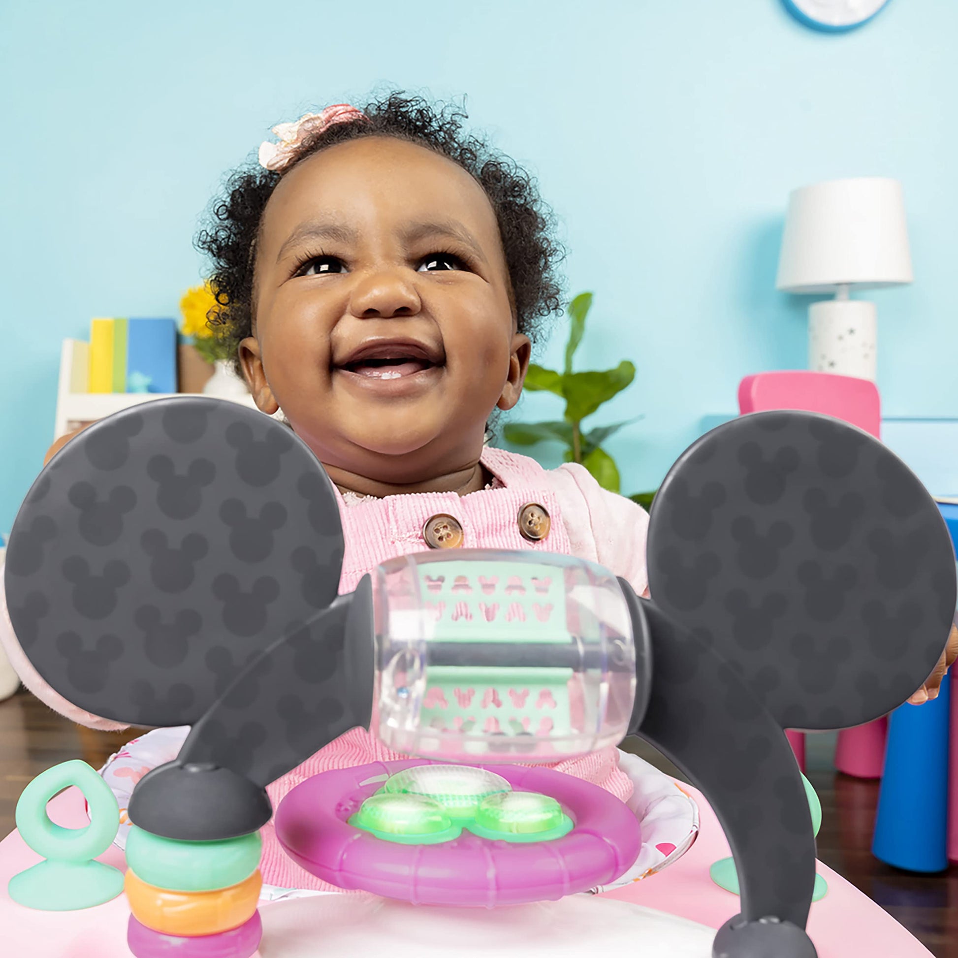 Bright Starts Disney Baby Minnie Mouse 2-in-1 activity walker with removable toy station, lights, songs, sounds, pink color, adjustable height