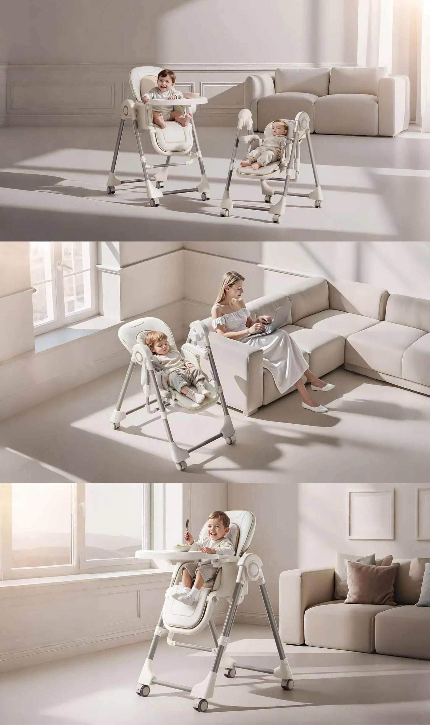 Magic ZC PU Leather Baby High Chair Toddler Feeding Dining Chair with Adjustable Heights and Positions Multifunctional Foldable Convertible with Detachable Double Trays and Wheels (X8121 Khaki)