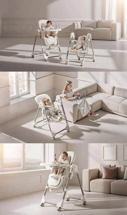 Magic ZC PU Leather Baby High Chair Toddler Feeding Dining Chair with Adjustable Heights and Positions Multifunctional Foldable Convertible with Detachable Double Trays and Wheels (X8121 Khaki)