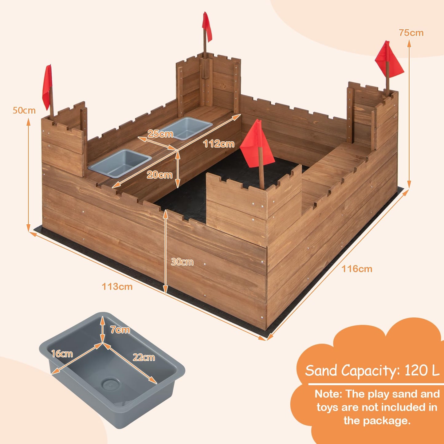 COSTWAY Kids Wooden Sandpit, 116x113cm Sand Play Station with Built-in Bench Seats, Storage Boxes, Flags and Protective Bottom Liner, Children Sandbox for Garden Bench