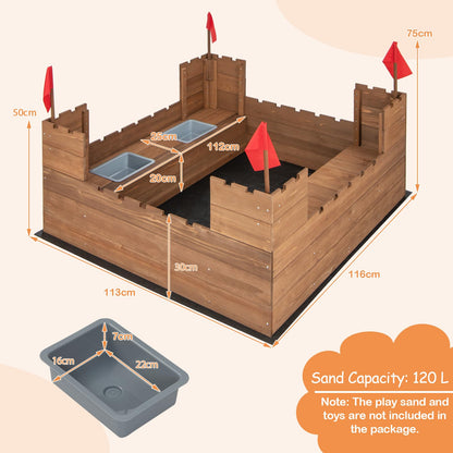 COSTWAY Kids Wooden Sandpit, 116x113cm Sand Play Station with Built-in Bench Seats, Storage Boxes, Flags and Protective Bottom Liner, Children Sandbox for Garden Bench