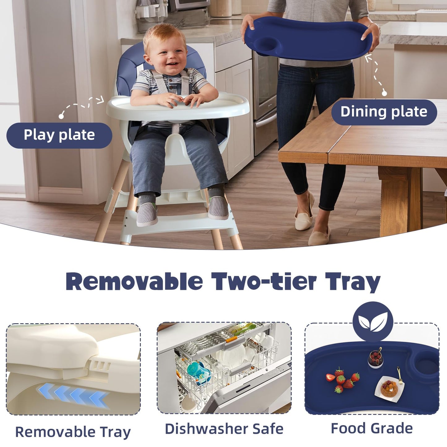 Sweetmirth 4-in-1 baby high chair with adjustable height, removable tray, ergonomic design, suitable for ages 6 months to 5 years, in blue