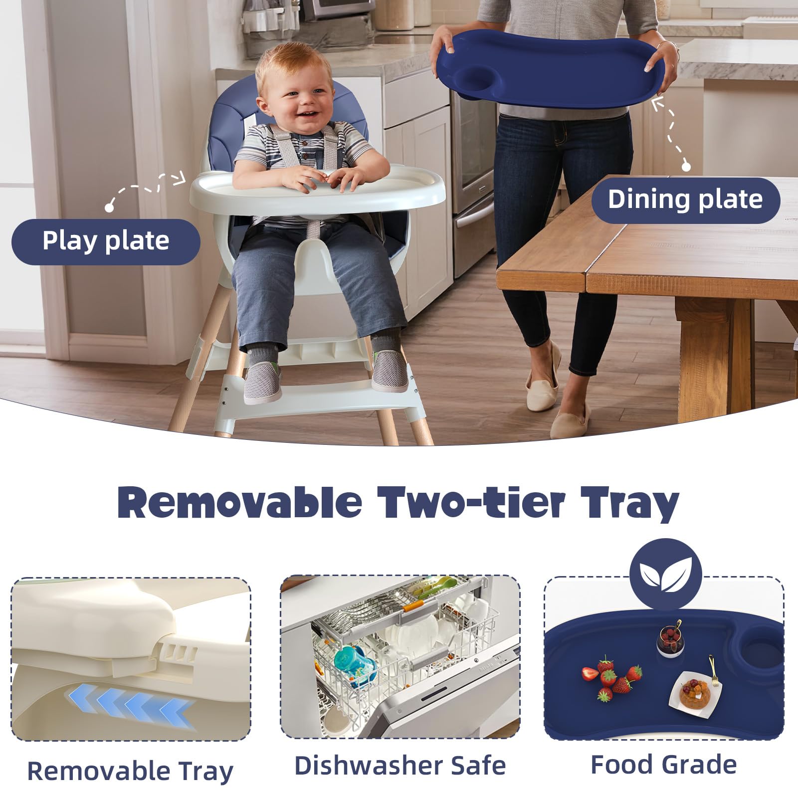 Sweetmirth 4-in-1 baby high chair with adjustable height, removable tray, ergonomic design, suitable for ages 6 months to 5 years, in blue