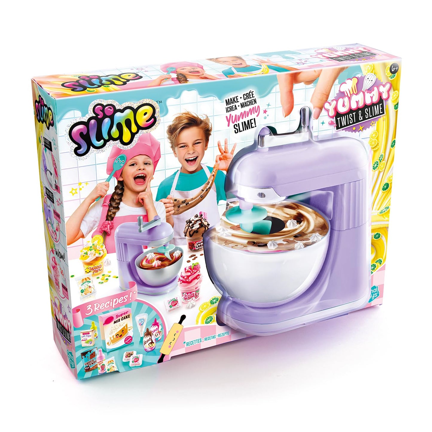 Canal Toys So Slime Yummy Twist & Slime spinning mixer with colorful slime, mixing bowl, and ingredients for kids' DIY slime creations