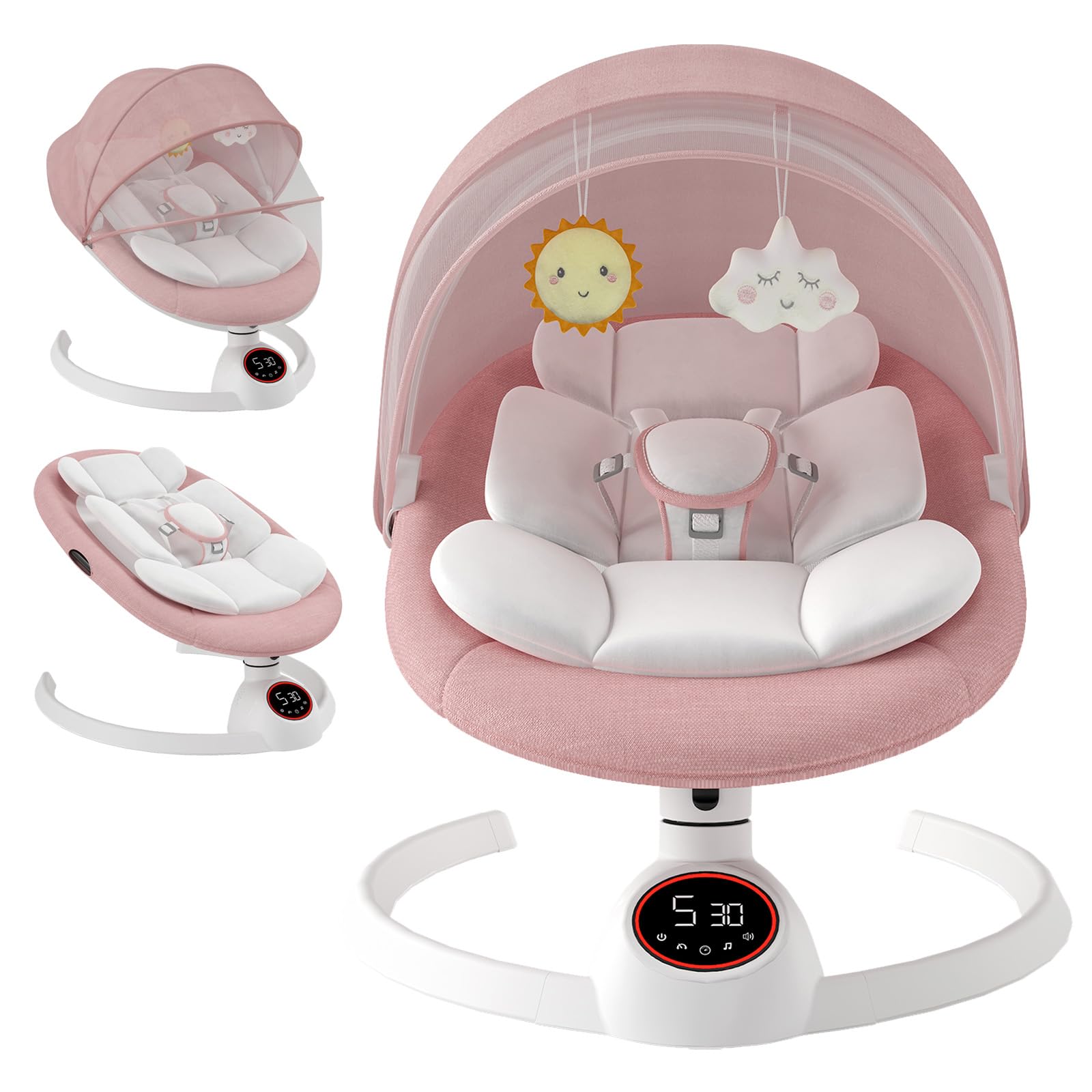 Cozydwells pink electric baby swing chair with Bluetooth, 5 swing speeds, remote control, touch screen music speaker, portable rocker