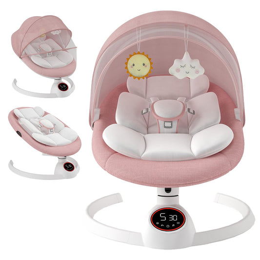 Cozydwells pink electric baby swing chair with Bluetooth, 5 swing speeds, remote control, touch screen music speaker, portable rocker