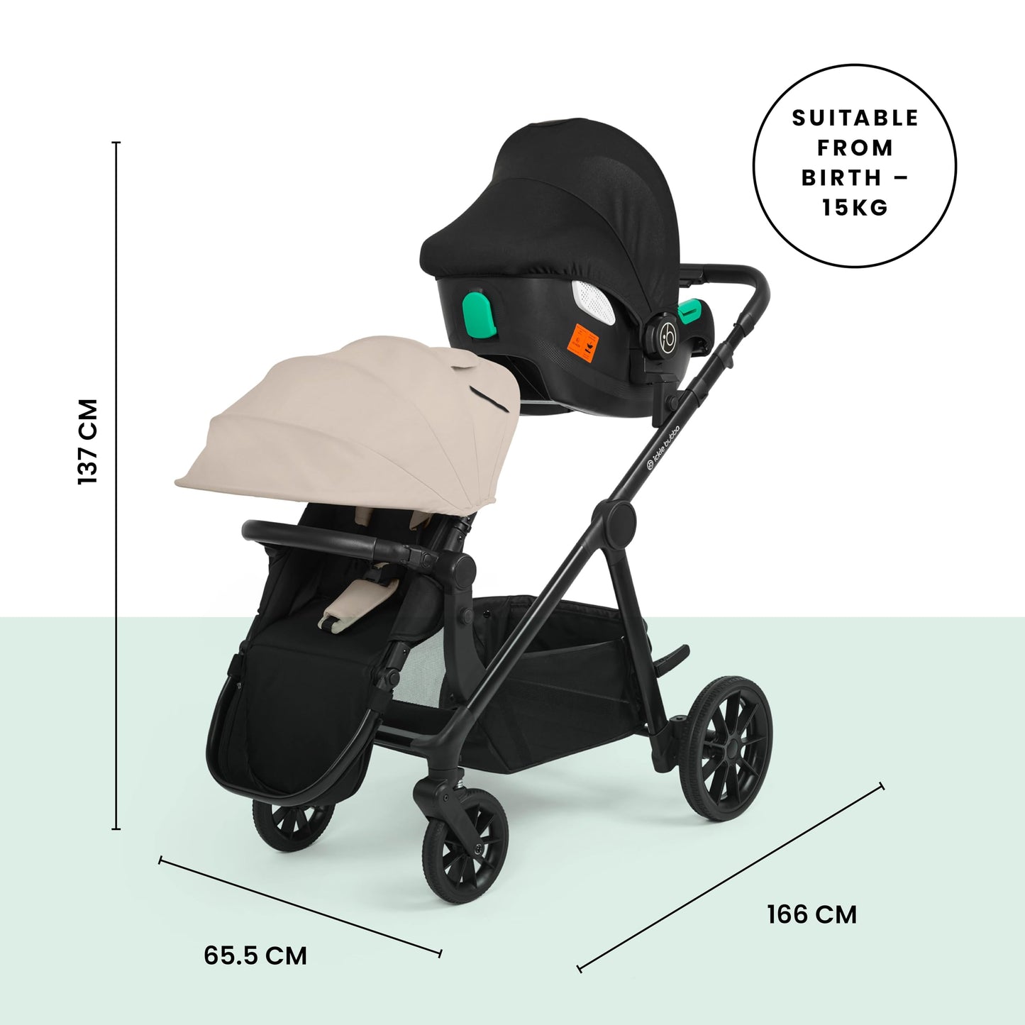 Ickle Bubba Virgo Growing Family 11 Piece Pram – Single to Double Tandem Pushchair with Carrycot, Footmuffs, Rain Covers & Accessories, Suitable from Birth (Stone)
