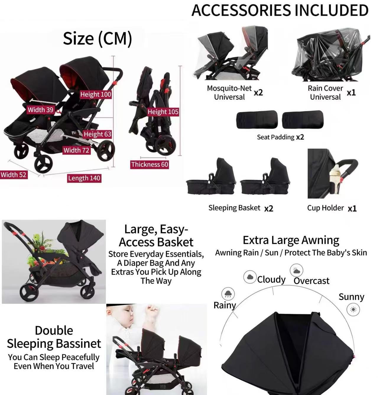 Rexhan Twin Baby Pram, 2 in 1 Foldable Double Baby Buggy, Reversible Tandem Pushchair, Twin All in One Stroller, Newborns, Toddlers, 0-4 Years, Aluminium Frame, Lightweight