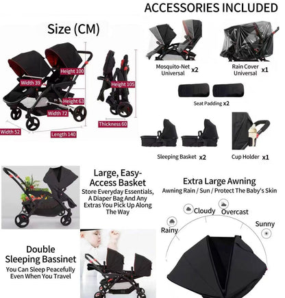 Rexhan Twin Baby Pram, 2 in 1 Foldable Double Baby Buggy, Reversible Tandem Pushchair, Twin All in One Stroller, Newborns, Toddlers, 0-4 Years, Aluminium Frame, Lightweight