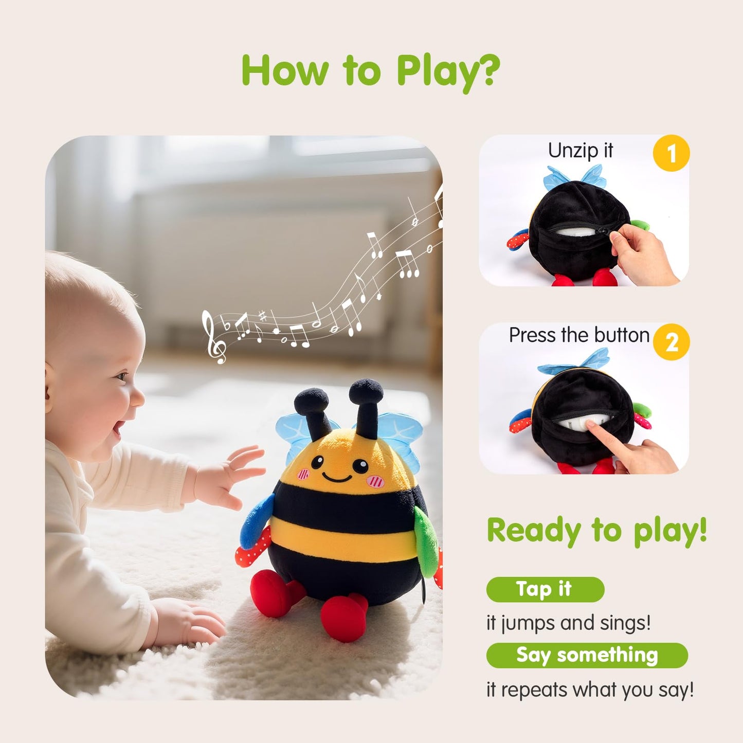 hahaland 4-IN-1 Dancing Bee Baby Toys 6 to 12 Months Boys & Girls Montessori Plush Interactive Sensory Tummy Time Toys, Musical Crawling Walking and Speaking Learning Gifts