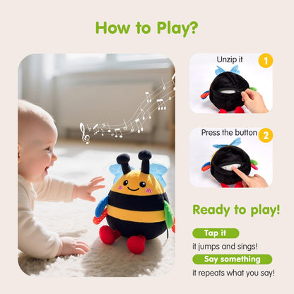 hahaland 4-IN-1 Dancing Bee Baby Toys 6 to 12 Months Boys & Girls Montessori Plush Interactive Sensory Tummy Time Toys, Musical Crawling Walking and Speaking Learning Gifts