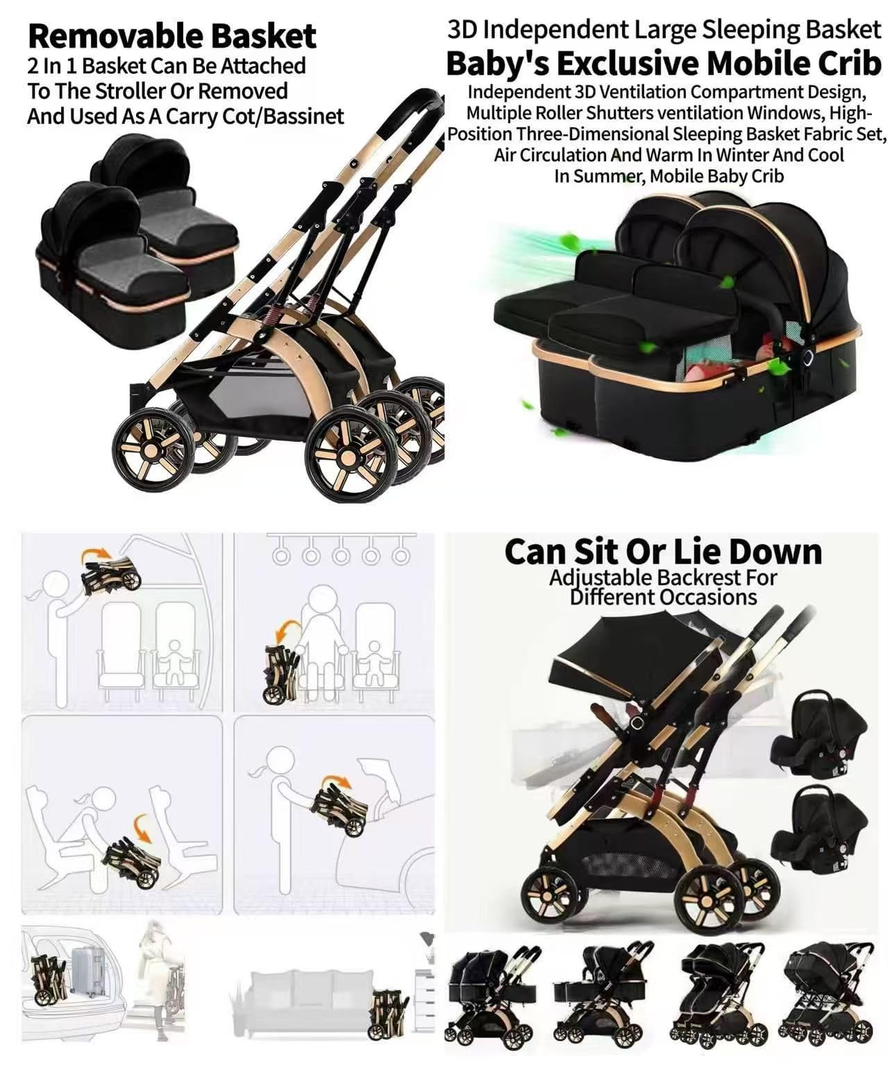 Rexhan Twin 4 in 1 Reversible Travel System, Foldable Double Baby Buggy, Twin Toddler Pram, Pushchair, Lightweight, Tandem All in One Stroller, Portable Baby Carriage, 0-4 Year, Aluminium Frame