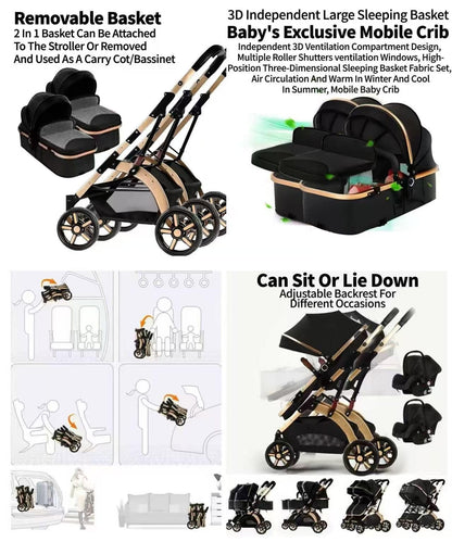 Rexhan Twin 4 in 1 Reversible Travel System, Foldable Double Baby Buggy, Twin Toddler Pram, Pushchair, Lightweight, Tandem All in One Stroller, Portable Baby Carriage, 0-4 Year, Aluminium Frame