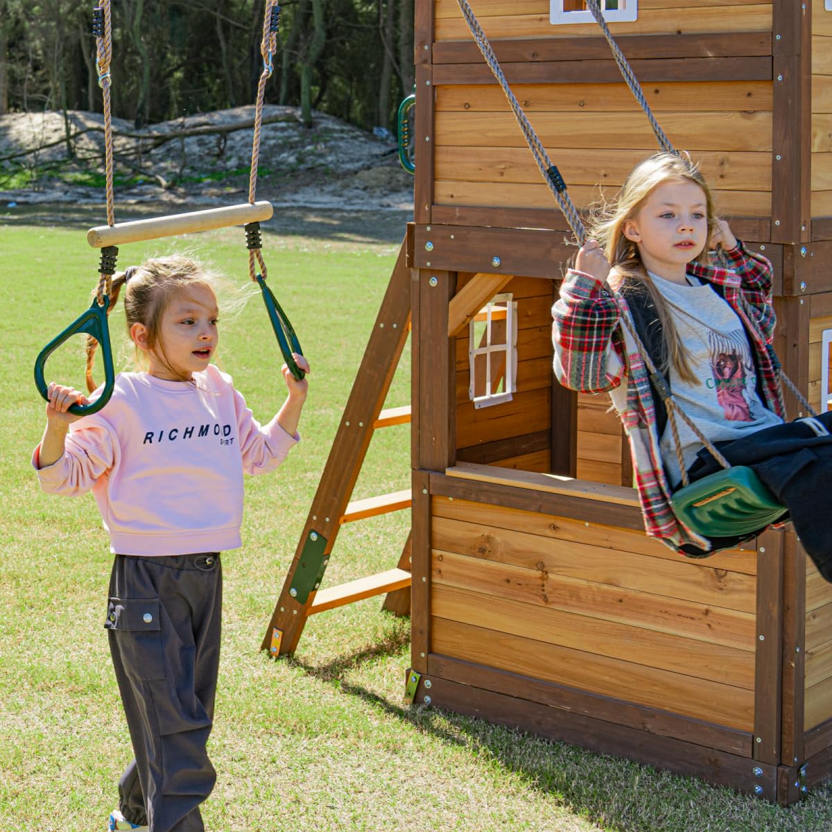DOLPHIN PLAYGROUND T Swing Set for Backyard with Slide, 2 Swings, Trapeze Bar, Climbing Wall, Play house for Kids Outdoors with Kitchen Toys and Wooden Roof – Cedar Wood Outdoor Playset for Ages 3+