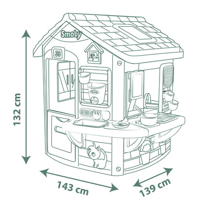 Smoby Life Mud Cooking House toy with colorful plastic structure, outdoor play setup, and pretend cooking accessories.